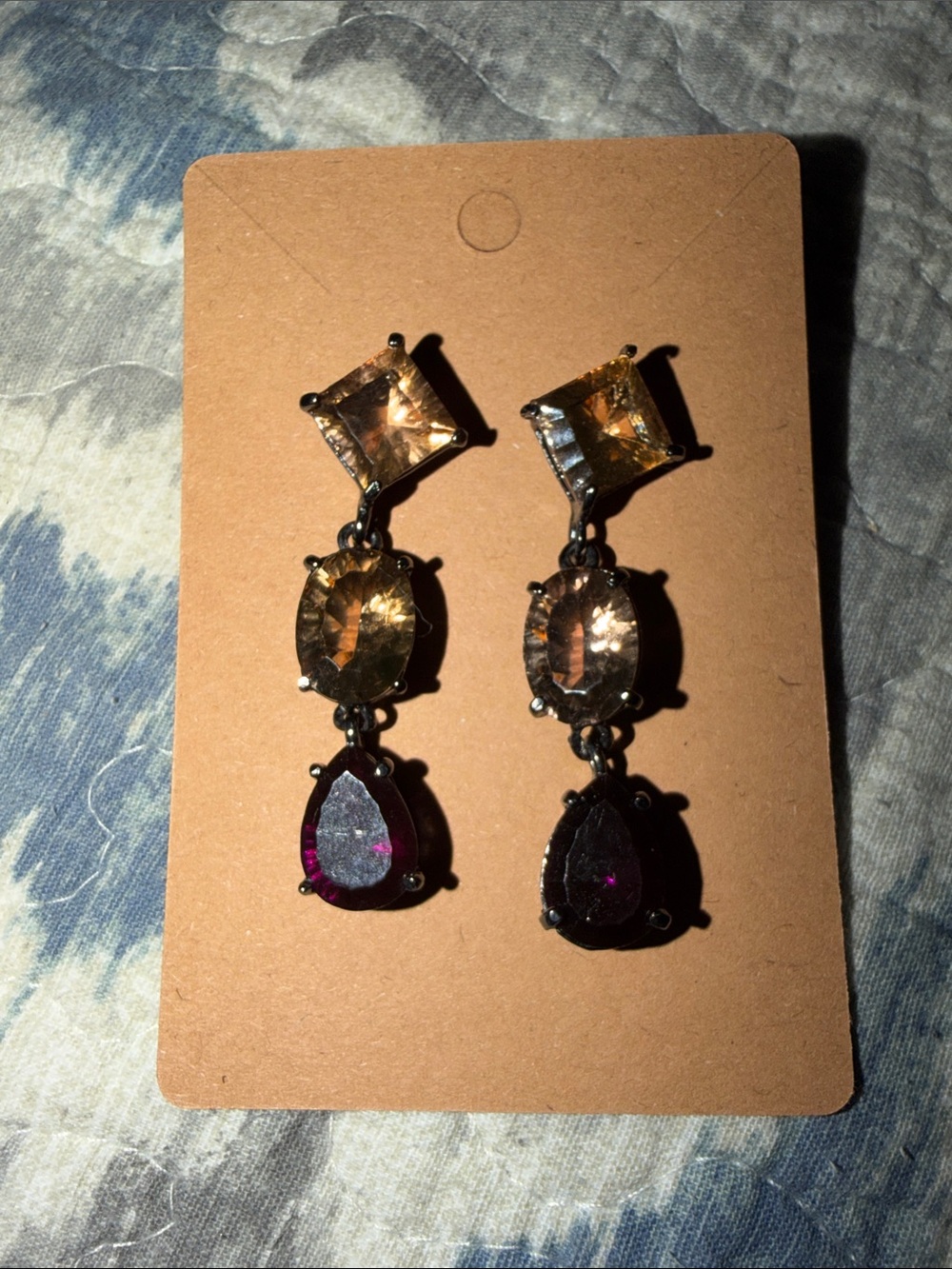 Women’s Drop Earrings with Amber and Deep Purple Stones